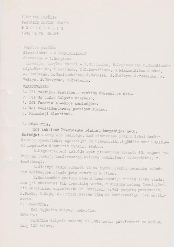 Lietuvos Sajūdžio Pasvalio rajono Tarybos 1993 m. sausio 28 d. posėdžio PROTOKOLAS Nr. 26