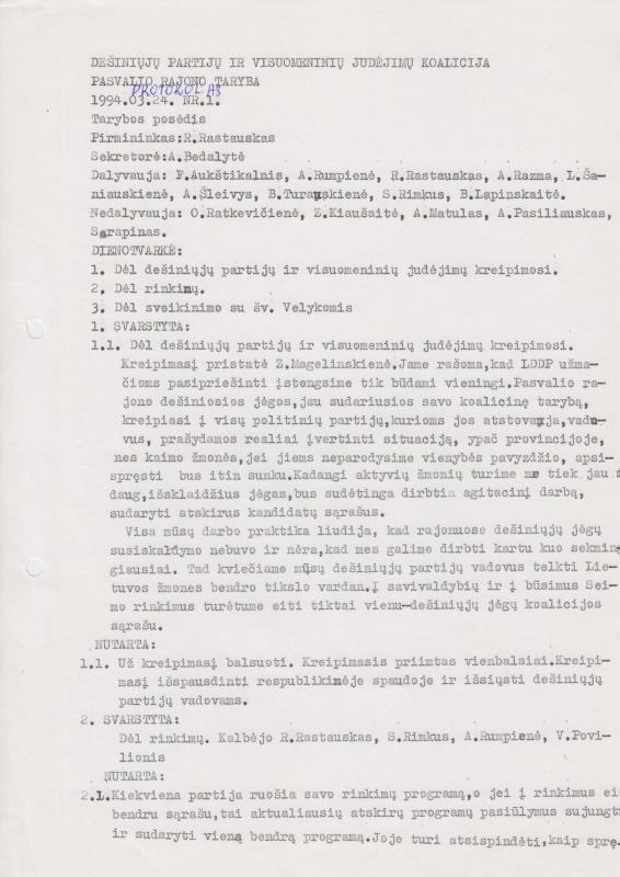 Lietuvos Sajūdžio Pasvalio rajono Tarybos 1994 m. kovo 24 d. posėdžio PROTOKOLAS Nr. 1