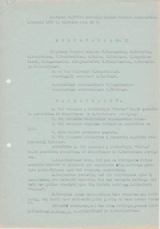 Lietuvos Sajūdžio Pasvalio rajono Tarybos susirinkimo, įvykusio 1991 m. birželio 20 d.,  PROTOKOLAS Nr. 15