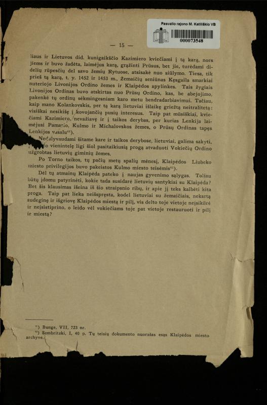 Klaipėdos miesto istorijos bruožai: (1252–1466) / Paulius Šležas. – [Kaunas]: [s.n.], 1933. – 15 p.