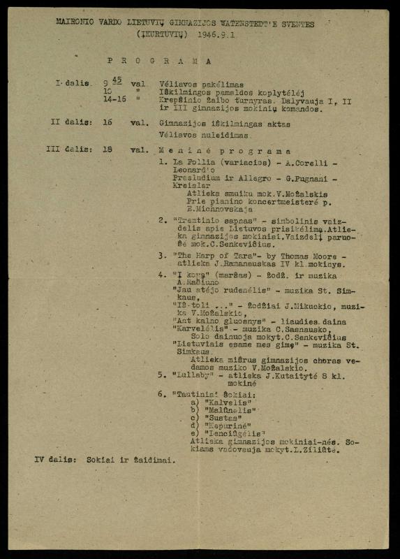 Maironio vardo lietuvių gimnazijos Watenstedt ’e šventės (įkurtuvių) 1946.9.1. programa